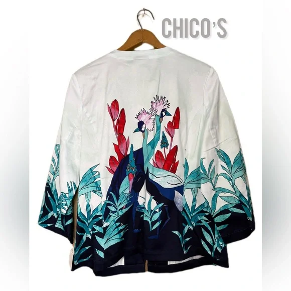 Chicos Floral Asian Watercolor Jacket Lightweight Open Tunic Cotton Travel NWT 1 - Picture 1 of 14